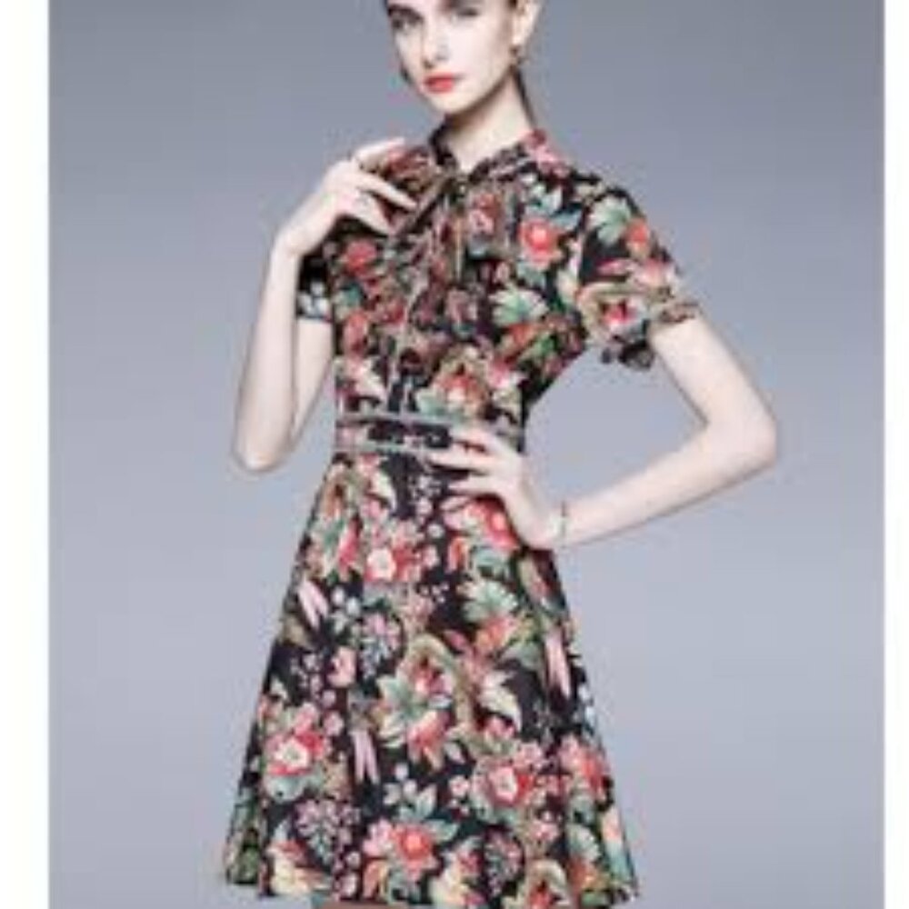Dalia MacPhee floral bird tropical black multi tie neck dress M